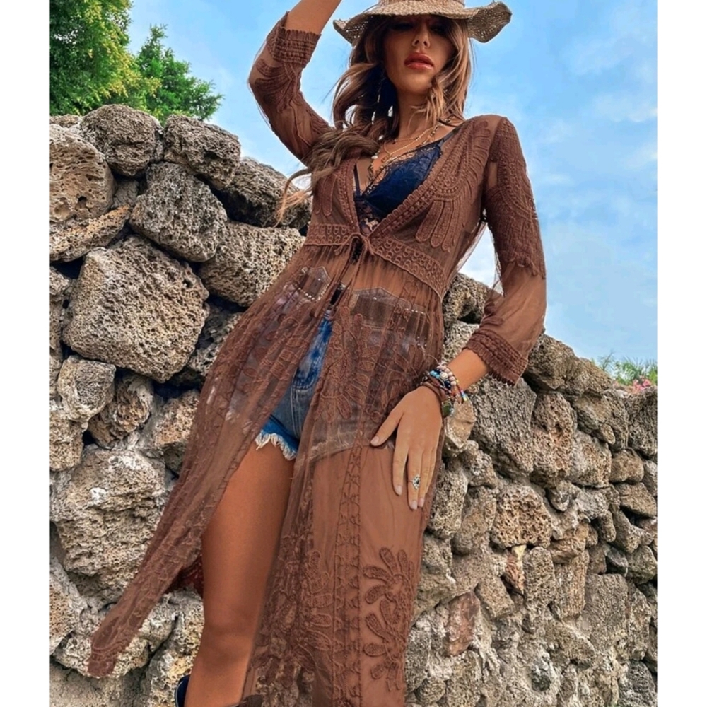 Red Boho Tie Front Mesh Embroidered Kimono - Picture 10 of 10